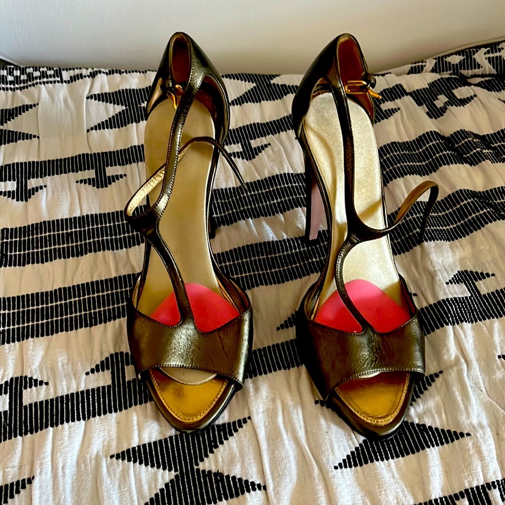 Metallic Prada heels. 4 inches. Green gold color. Strappy sandal style. Size 38